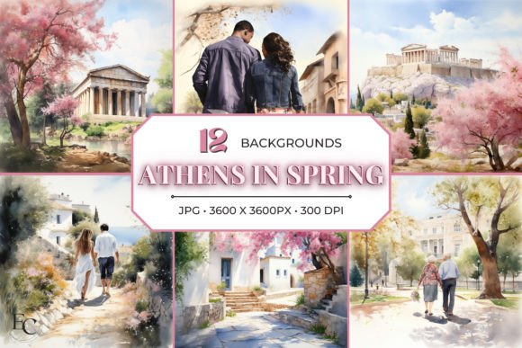 Athens in Spring Watercolor Backgrounds: Your Design Passport
