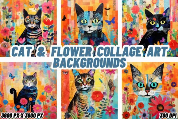 Cat & Flower Collage Art Backgrounds: A Whimsical Design Asset