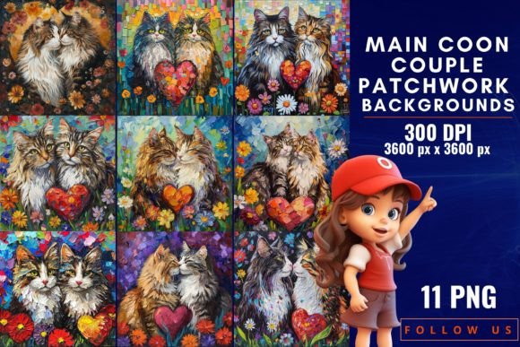 Main Coon Couple Patchwork Backgrounds: Cozy Design Assets