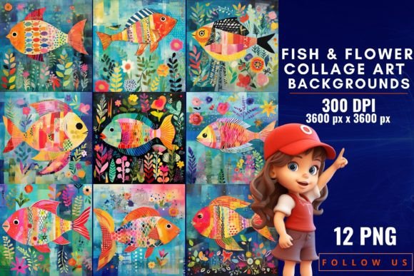 Whimsical Elegance: Designing with Fish & Flower Collage Art Backgrounds